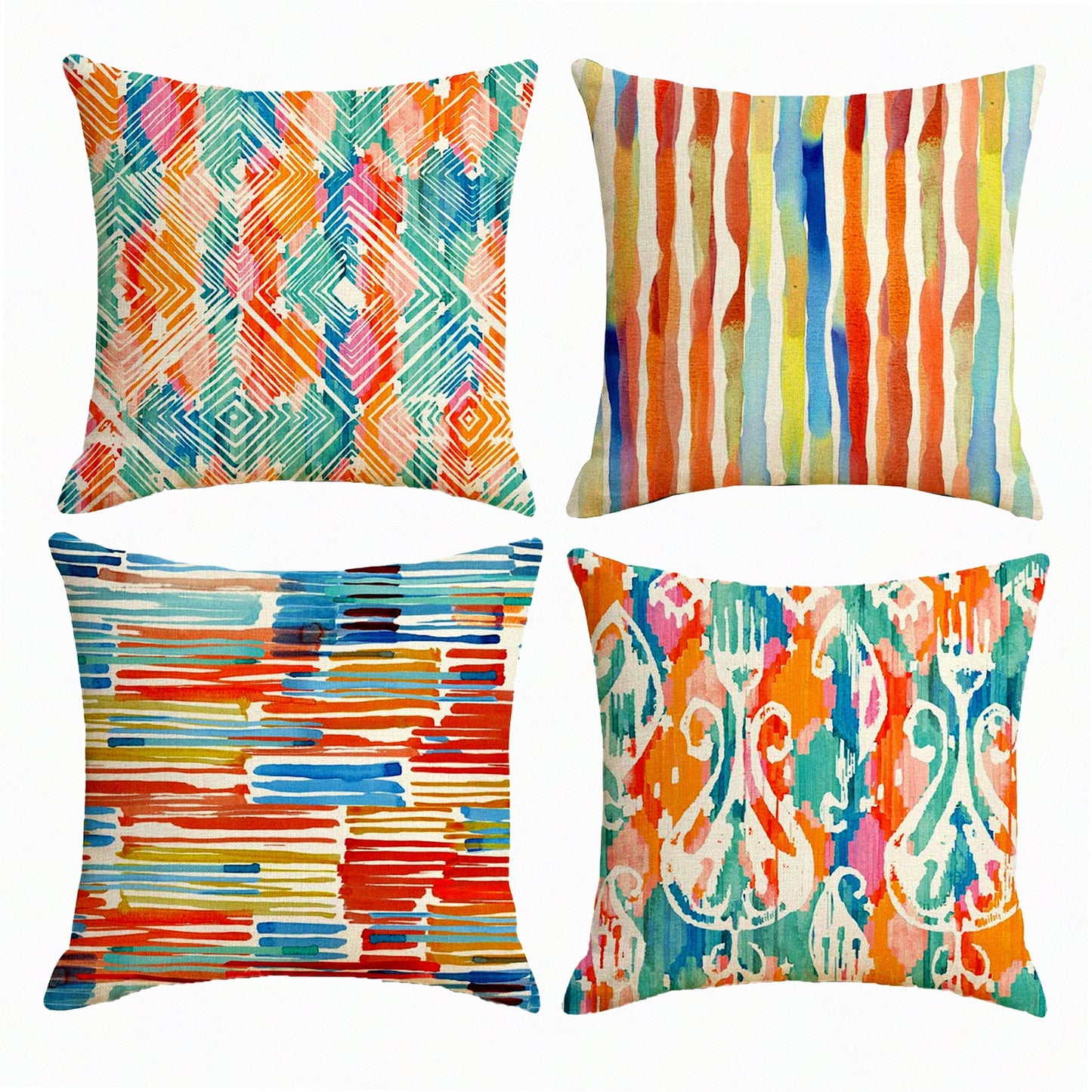 Vintage Watercolor Boho Chic Throw Pillow Set - Modern Art Decorative Cushion Covers for Family Sofa, Living Room, Outdoor Patio - 18x18 Inch Multicolor Pillow Cases (Set of 4)