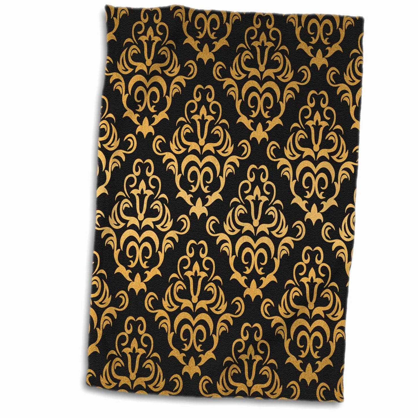3D Rose Glam Gold and Black Damask Hand Towel 15"x22"