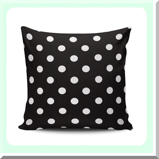 Fancy Polka Dot Plush Pillowcase - Zippered Square Throw Cushion Cover - Black White Print - Custom 16x16 Inches - One Side Printed