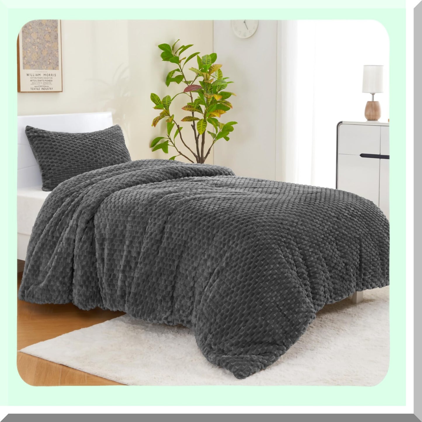 Plushy Twin Comforter Set - Premium Flannel Checkered Bedding, Cozy Velvet Comforter Set in Grey, 2-Piece Winter Bed Set for Twin Beds
