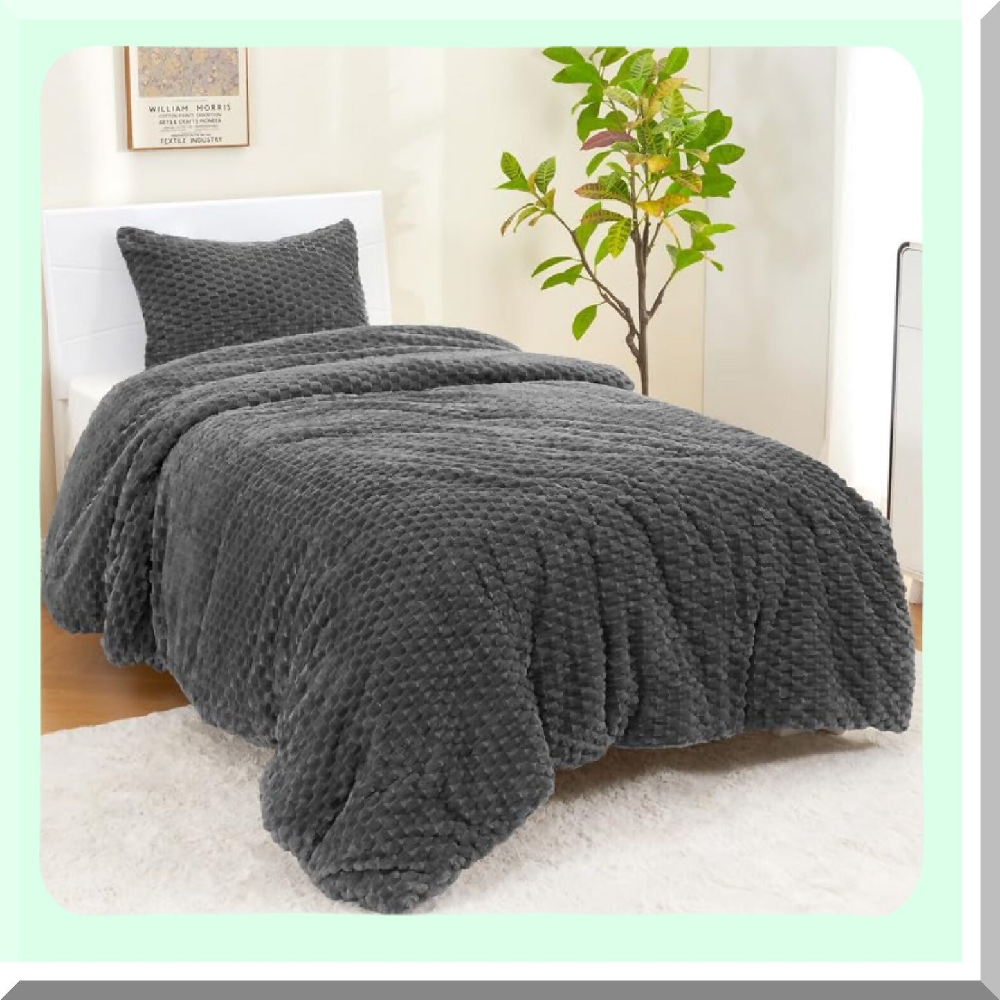Plushy Twin Comforter Set - Premium Flannel Checkered Bedding, Cozy Velvet Comforter Set in Grey, 2-Piece Winter Bed Set for Twin Beds