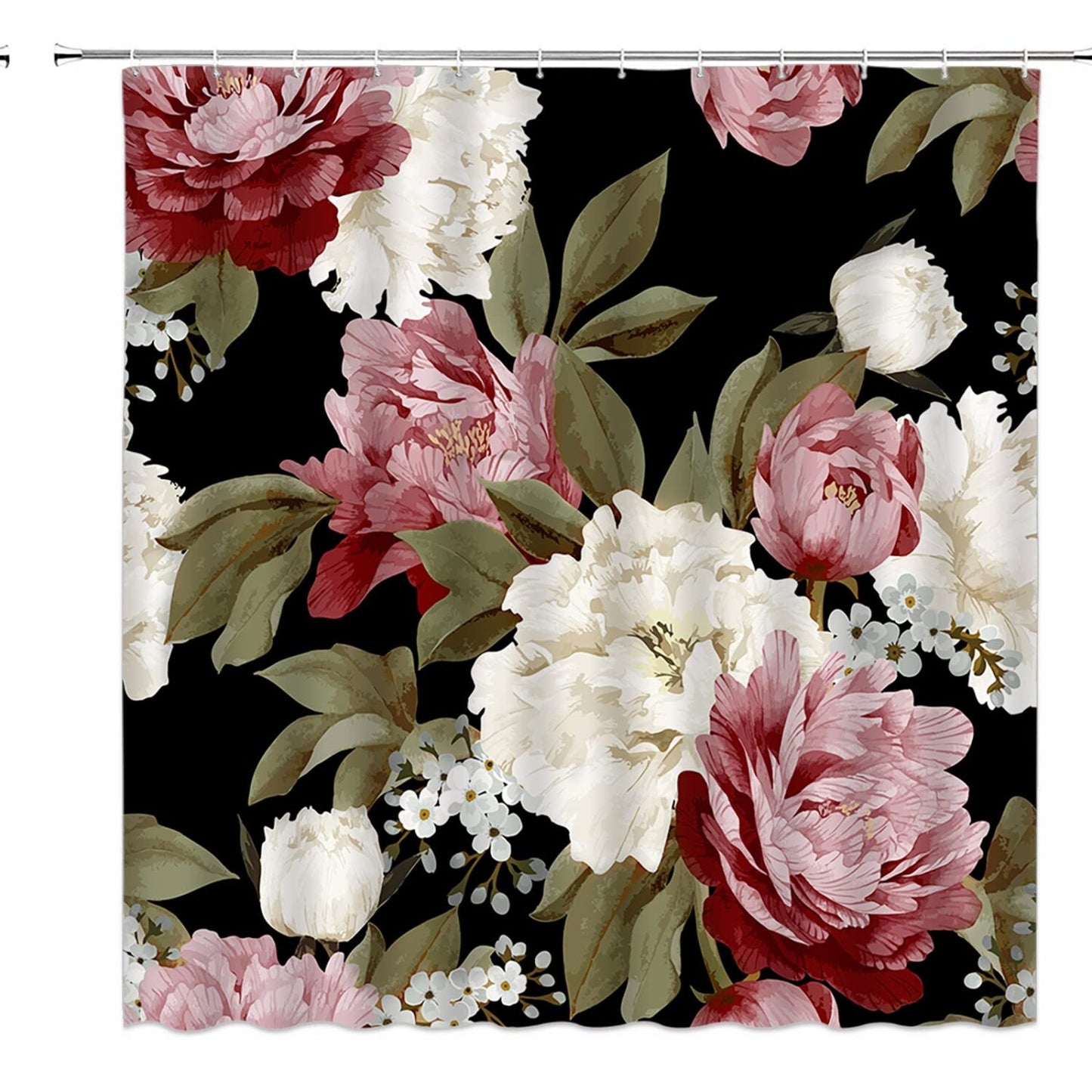 Black Floral Shower Curtain with Hooks