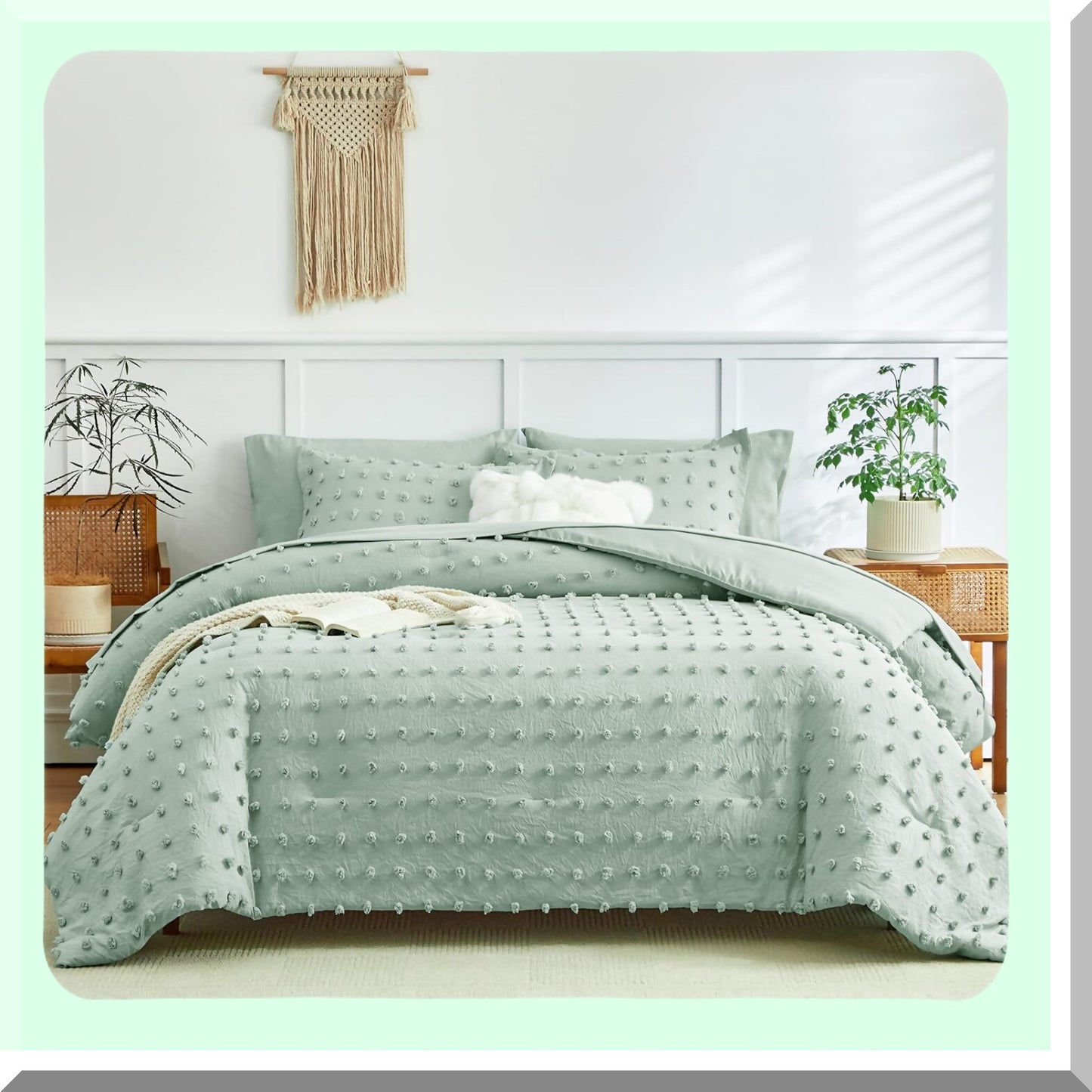 Green Dots Jacquard Tufted Comforter Set - Shabby Chic Boho Bed in a Bag with Pom Pom Design. Soft Embroidery, Solid Color Sheets. All Season Bedding.
