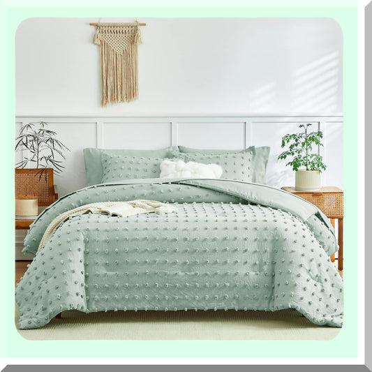 Green Dots Jacquard Tufted Comforter Set - Shabby Chic Boho Bed in a Bag with Pom Pom Design. Soft Embroidery, Solid Color Sheets. All Season Bedding.