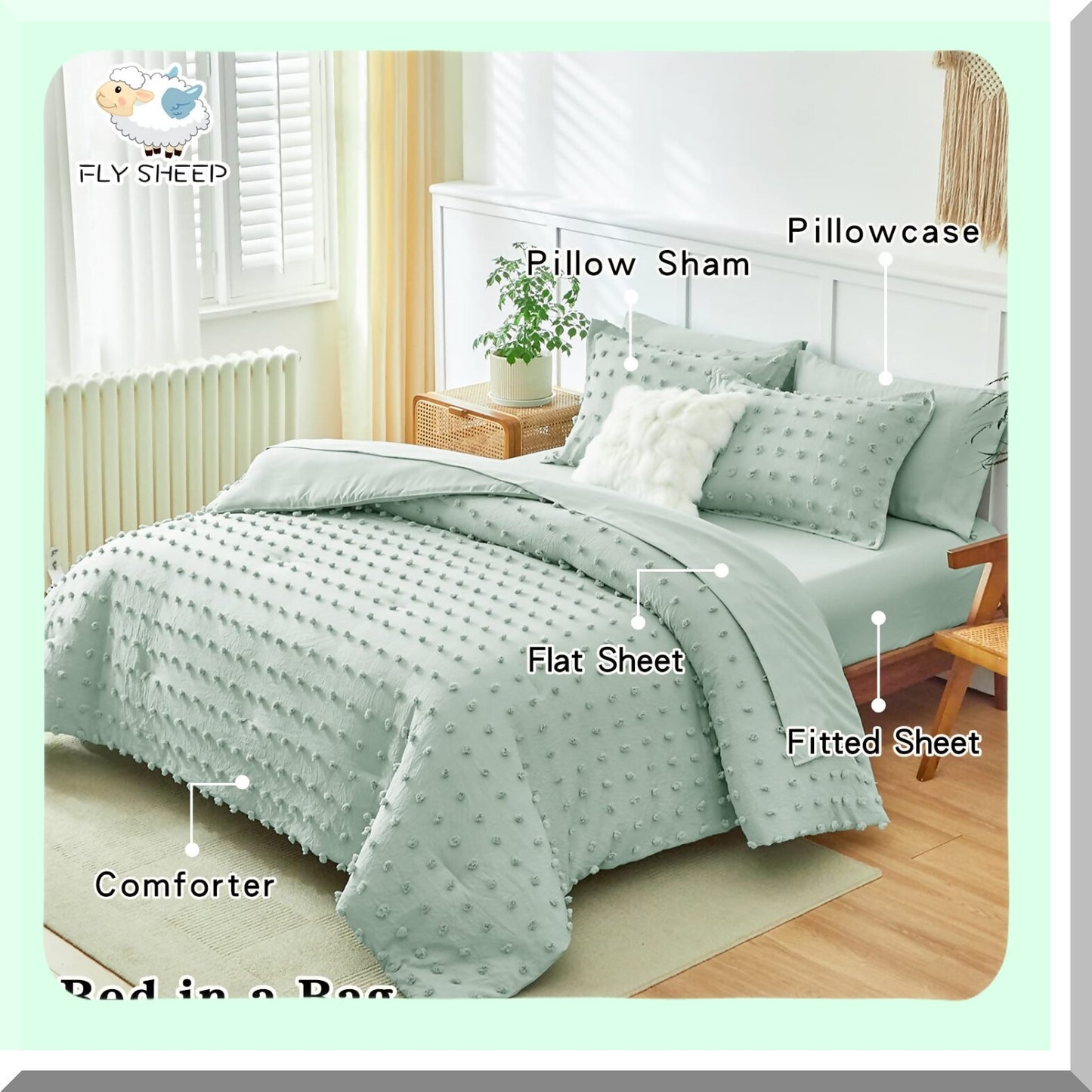 Green Dots Jacquard Tufted Comforter Set - Shabby Chic Boho Bed in a Bag with Pom Pom Design. Soft Embroidery, Solid Color Sheets. All Season Bedding.