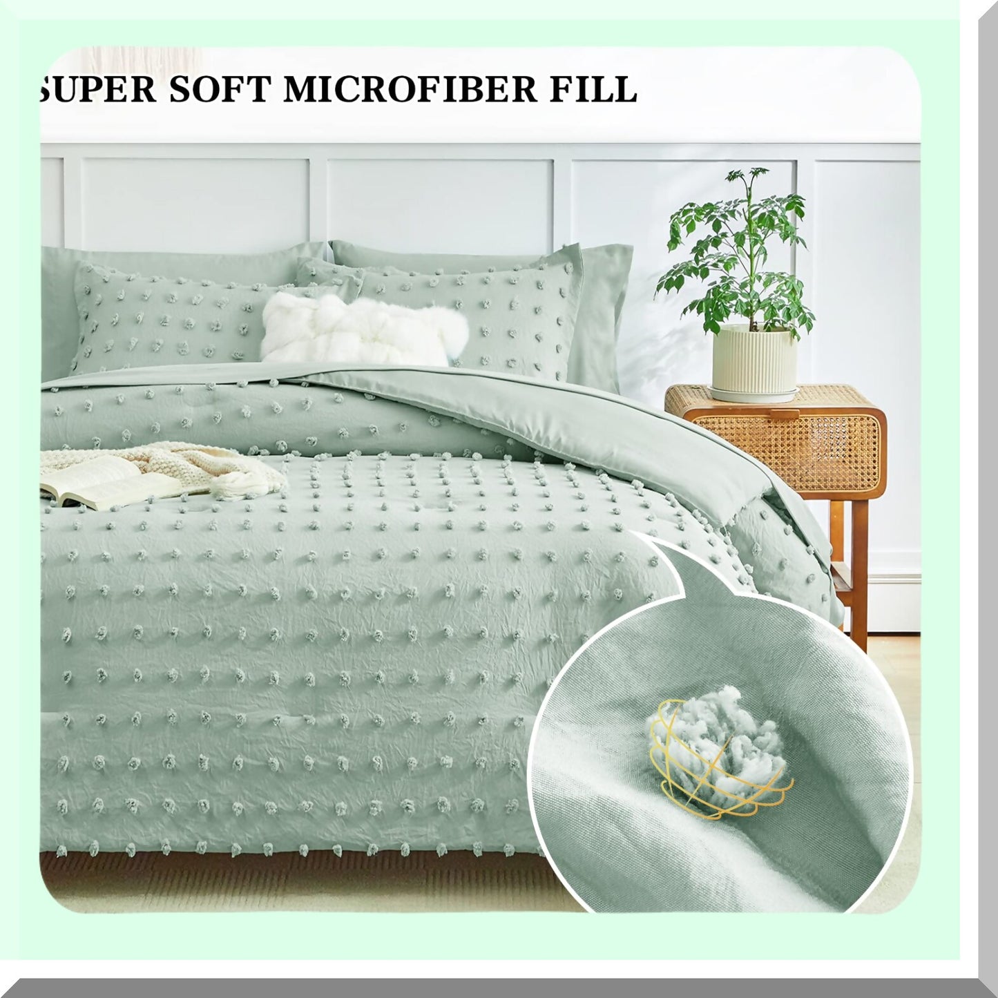 Green Dots Jacquard Tufted Comforter Set - Shabby Chic Boho Bed in a Bag with Pom Pom Design. Soft Embroidery, Solid Color Sheets. All Season Bedding.