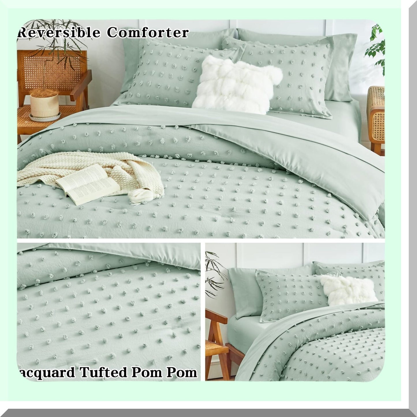 Green Dots Jacquard Tufted Comforter Set - Shabby Chic Boho Bed in a Bag with Pom Pom Design. Soft Embroidery, Solid Color Sheets. All Season Bedding.