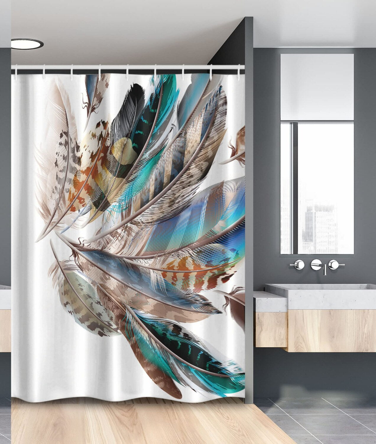 Feathers Stall Shower Curtain 54x78 Teal Brown