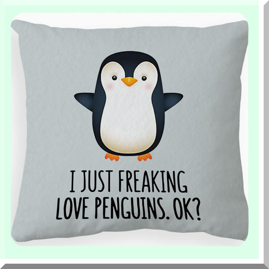 Penguin Love Decorative Pillow Cover - Funny Penguin Gifts for Son, Daughter, Sister - 18x18 Inch Home Decor Cushion Case - Gray Penguin Design