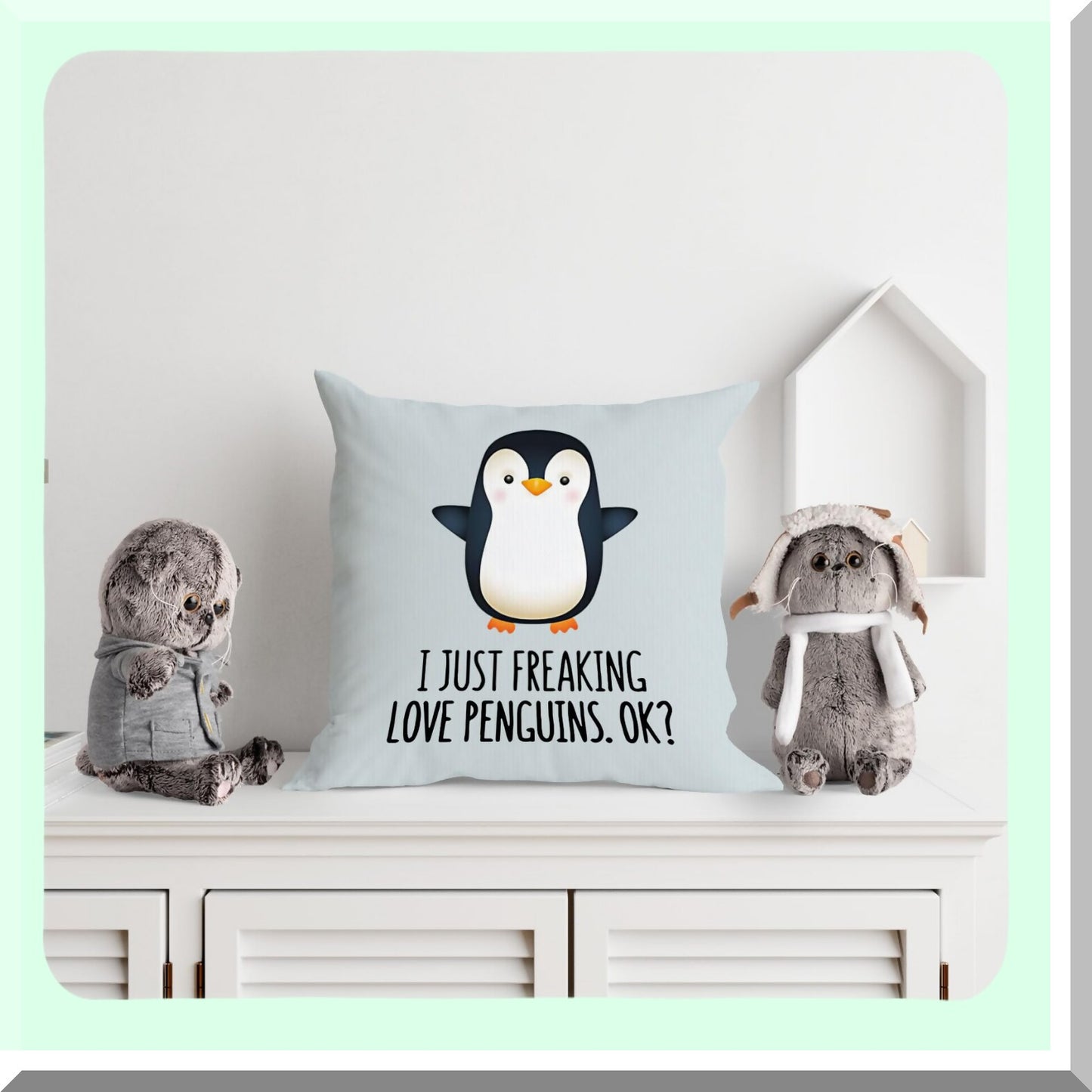 Penguin Love Decorative Pillow Cover - Funny Penguin Gifts for Son, Daughter, Sister - 18x18 Inch Home Decor Cushion Case - Gray Penguin Design