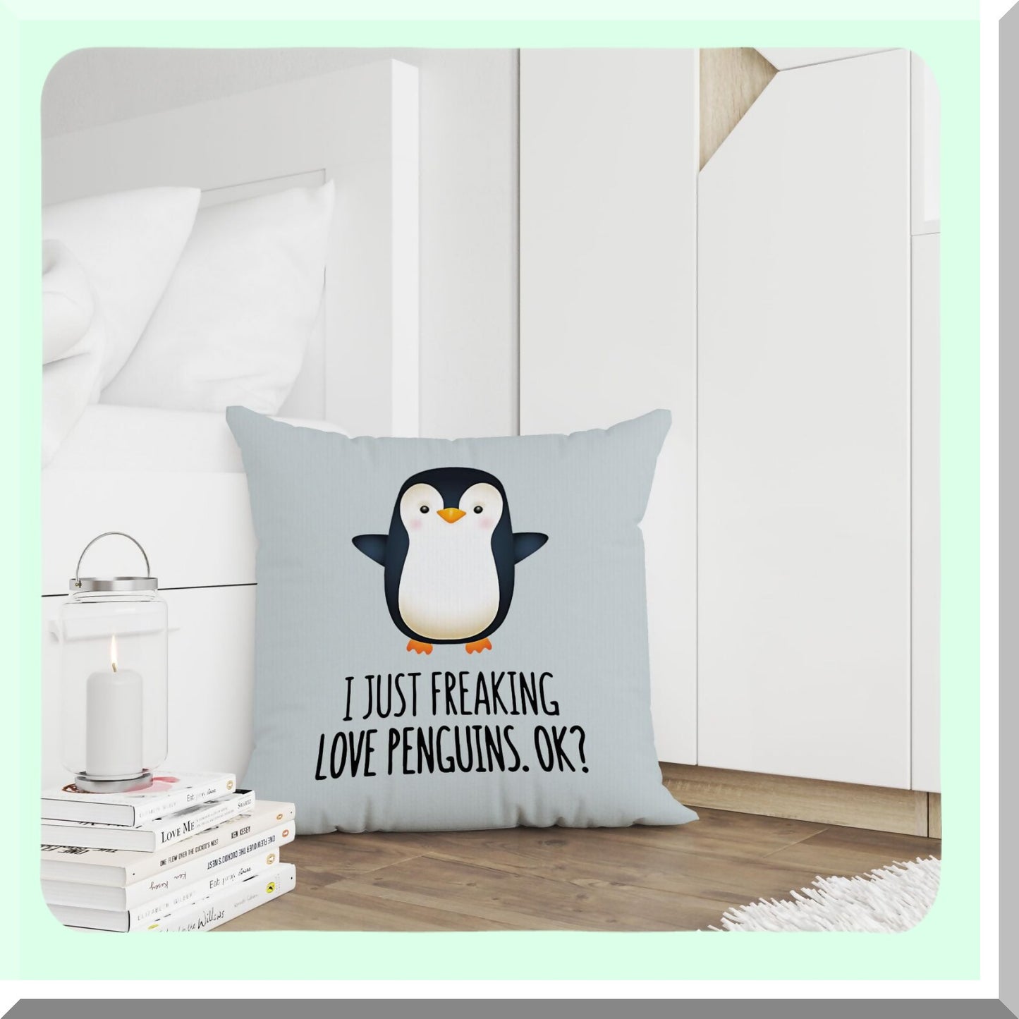 Penguin Love Decorative Pillow Cover - Funny Penguin Gifts for Son, Daughter, Sister - 18x18 Inch Home Decor Cushion Case - Gray Penguin Design