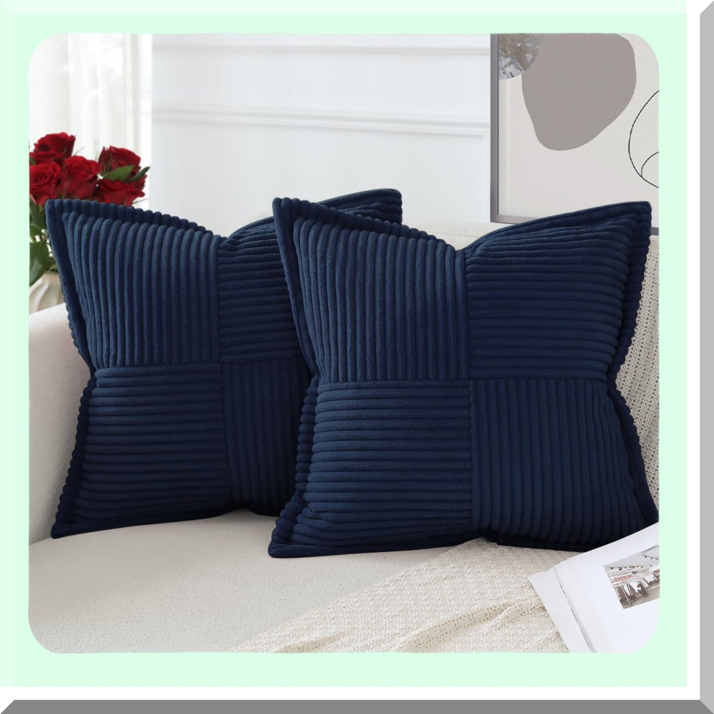 Boho Stripe Corduroy Pillow Covers - Set of 2 Navy Blue 18x18 Inch - Super Soft Splicing Broadside Decorative Textured Throw Pillows for Couch Sofa Bed