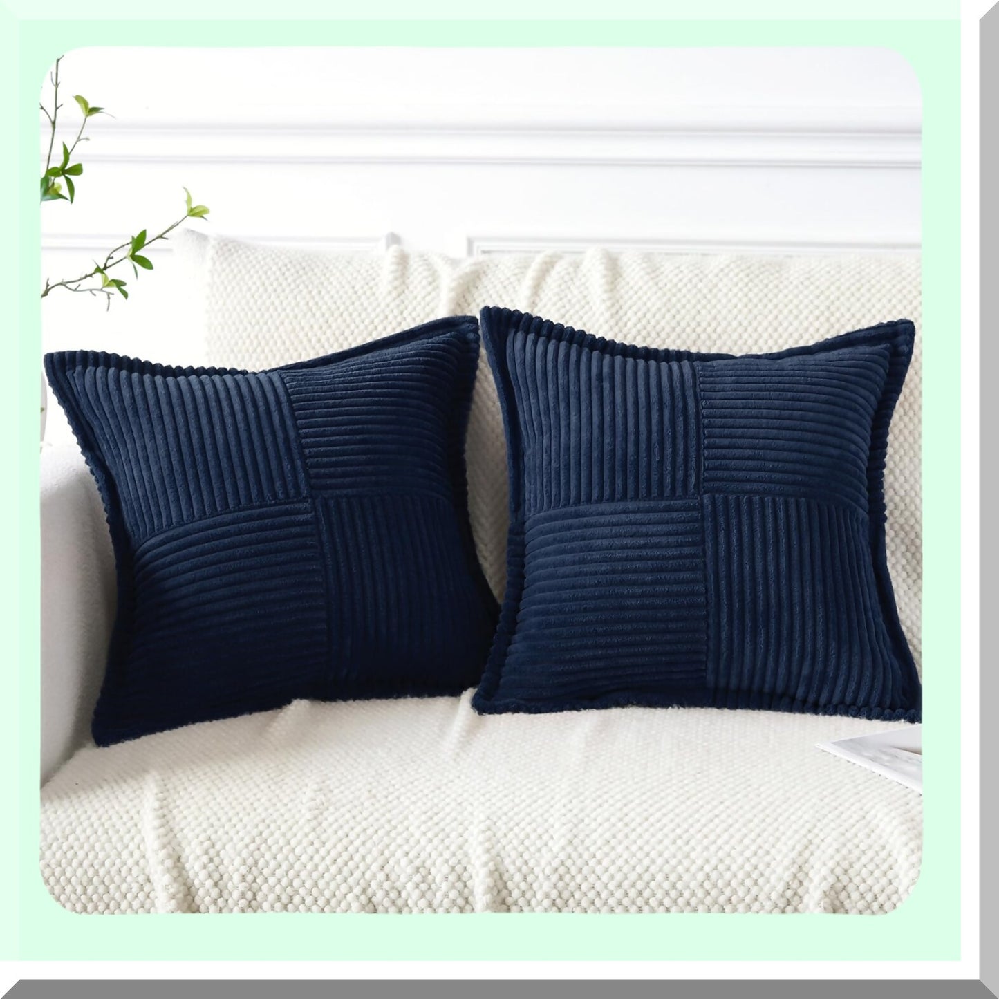 Boho Stripe Corduroy Pillow Covers - Set of 2 Navy Blue 18x18 Inch - Super Soft Splicing Broadside Decorative Textured Throw Pillows for Couch Sofa Bed
