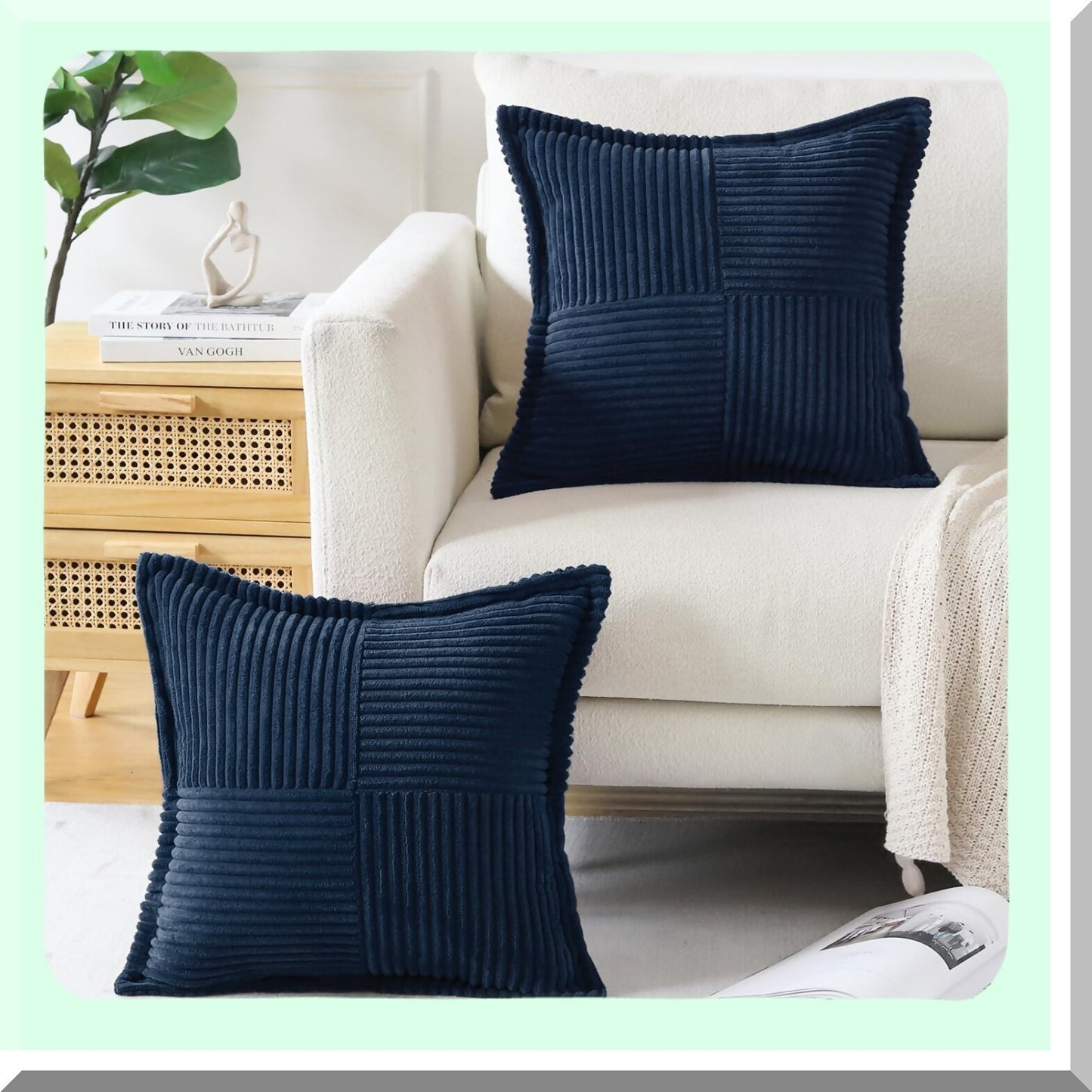 Boho Stripe Corduroy Pillow Covers - Set of 2 Navy Blue 18x18 Inch - Super Soft Splicing Broadside Decorative Textured Throw Pillows for Couch Sofa Bed