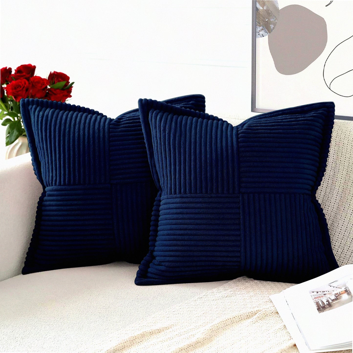 Boho Stripe Corduroy Pillow Covers - Set of 2 Navy Blue 18x18 Inch - Super Soft Splicing Broadside Decorative Textured Throw Pillows for Couch Sofa Bed