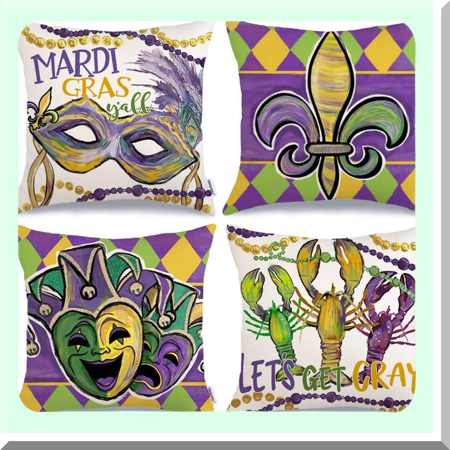 Mardi Gras Festive Pillow Cover Set - Fleur De Lis Jester Hats Beads Lobsters - Sofa Couch Cushion Decoration - 18 x 18 Inch - Pack of 4