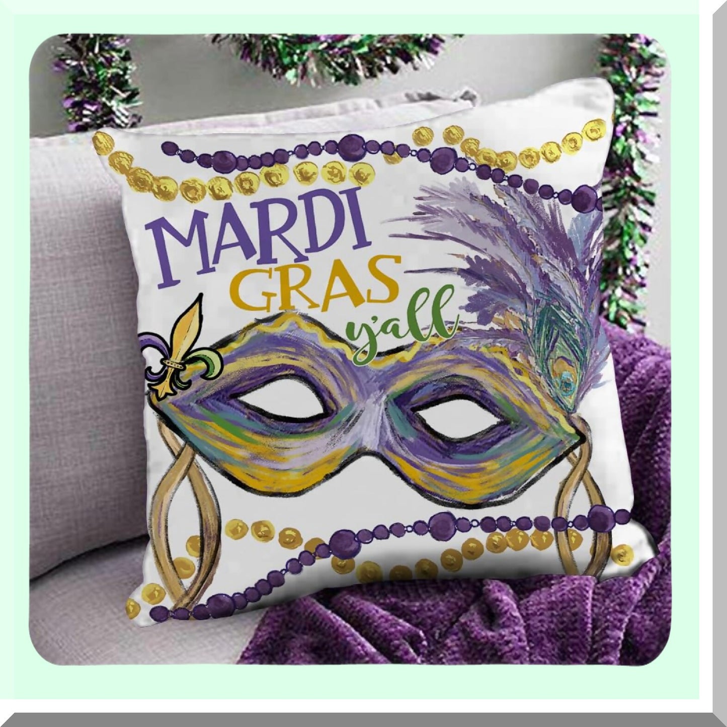 Mardi Gras Festive Pillow Cover Set - Fleur De Lis Jester Hats Beads Lobsters - Sofa Couch Cushion Decoration - 18 x 18 Inch - Pack of 4