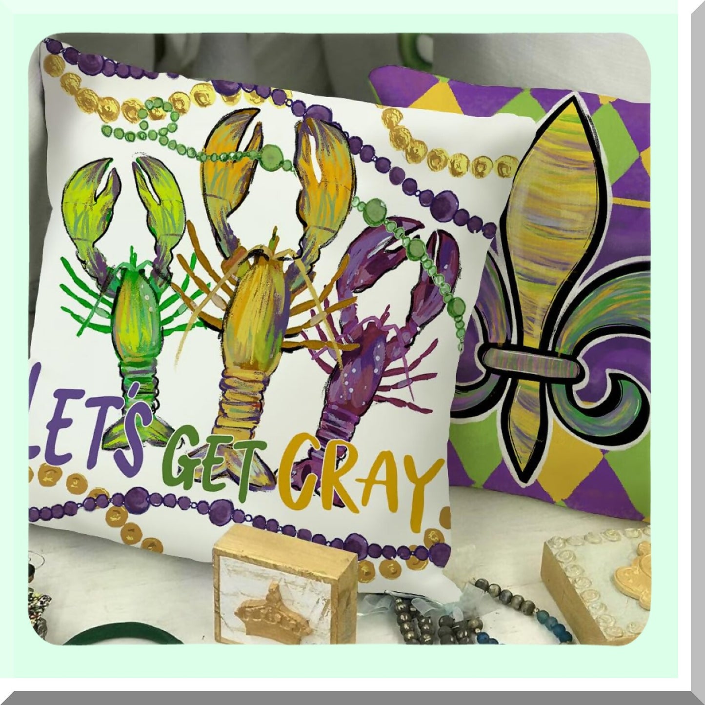 Mardi Gras Festive Pillow Cover Set - Fleur De Lis Jester Hats Beads Lobsters - Sofa Couch Cushion Decoration - 18 x 18 Inch - Pack of 4