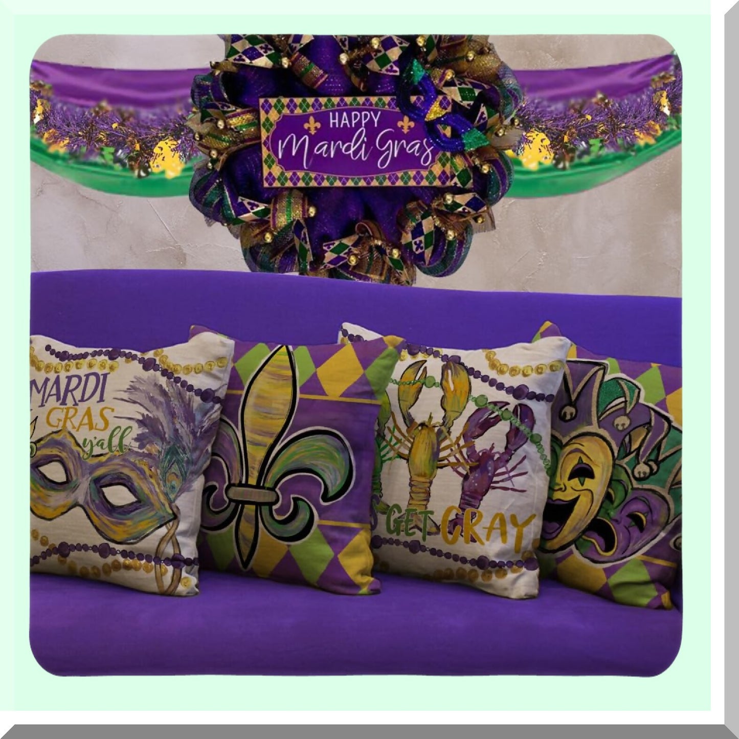 Mardi Gras Festive Pillow Cover Set - Fleur De Lis Jester Hats Beads Lobsters - Sofa Couch Cushion Decoration - 18 x 18 Inch - Pack of 4