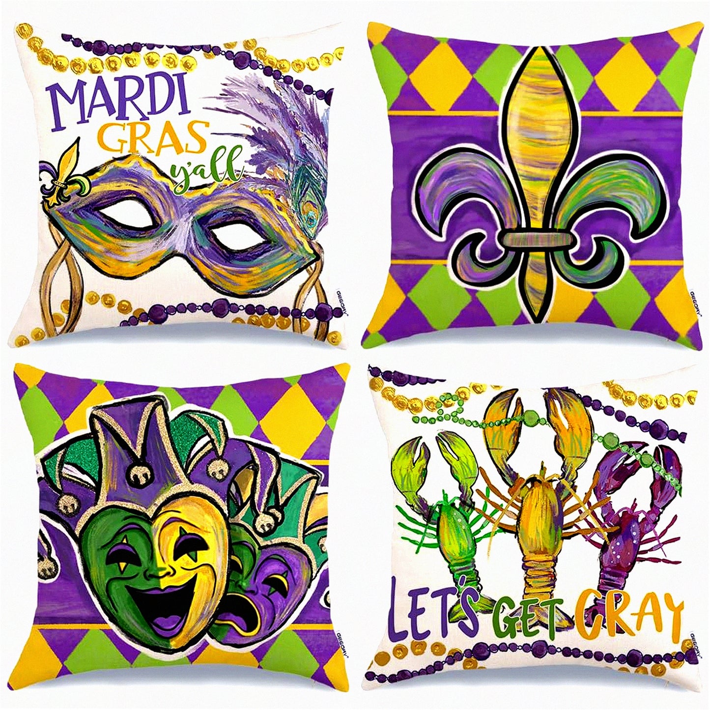 Mardi Gras Festive Pillow Cover Set - Fleur De Lis Jester Hats Beads Lobsters - Sofa Couch Cushion Decoration - 18 x 18 Inch - Pack of 4