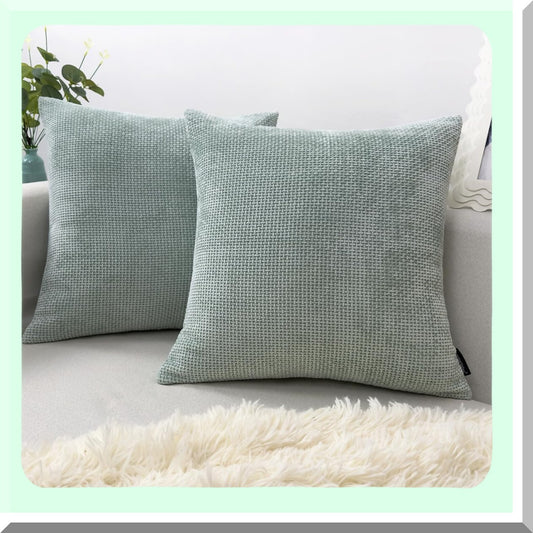 WaveTexture Chenille Pillow Covers - Set of 2 Seafoam Square Cushion Cases for Bed & Sofa. Handmade Modern Accent Daily Pillowcases (18x18 inch)