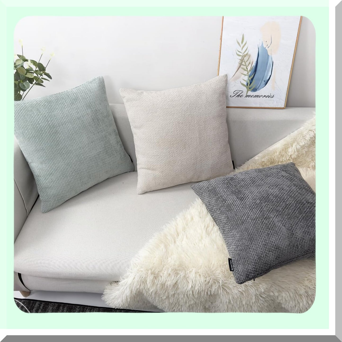 WaveTexture Chenille Pillow Covers - Set of 2 Seafoam Square Cushion Cases for Bed & Sofa. Handmade Modern Accent Daily Pillowcases (18x18 inch)