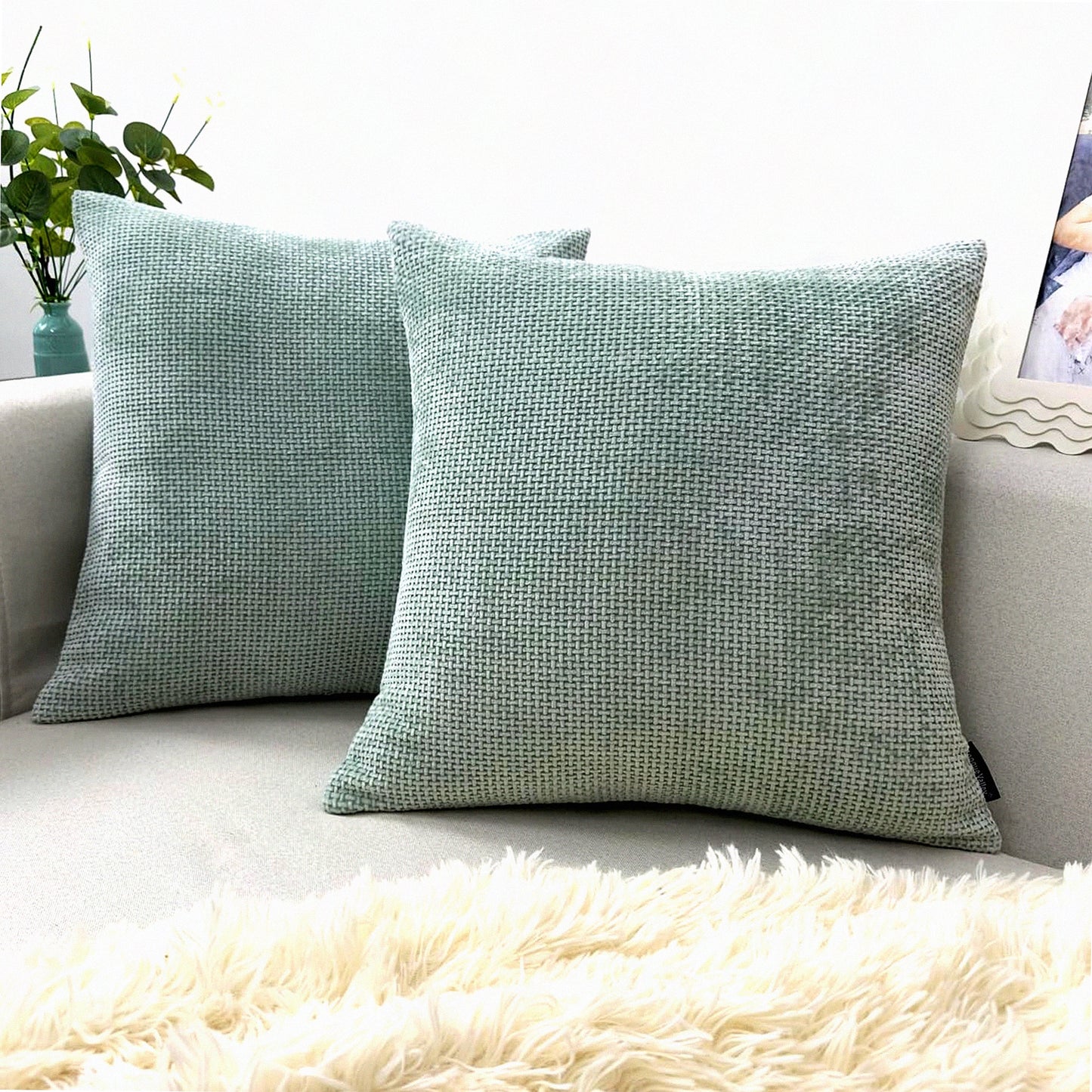 WaveTexture Chenille Pillow Covers - Set of 2 Seafoam Square Cushion Cases for Bed & Sofa. Handmade Modern Accent Daily Pillowcases (18x18 inch)