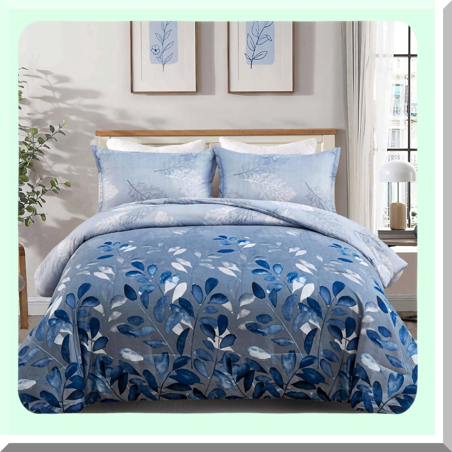 Navy Botanical Bliss Comforter Set - Queen Size 3-Piece Reversible Floral Bedding Set - Soft Microfiber All Season Comforter - 90"x90"