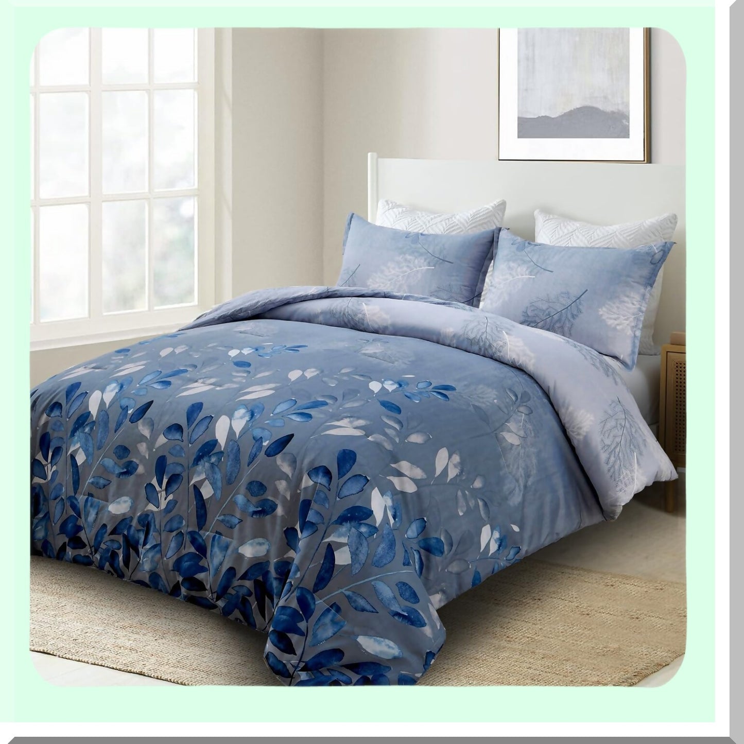 Navy Botanical Bliss Comforter Set - Queen Size 3-Piece Reversible Floral Bedding Set - Soft Microfiber All Season Comforter - 90"x90"