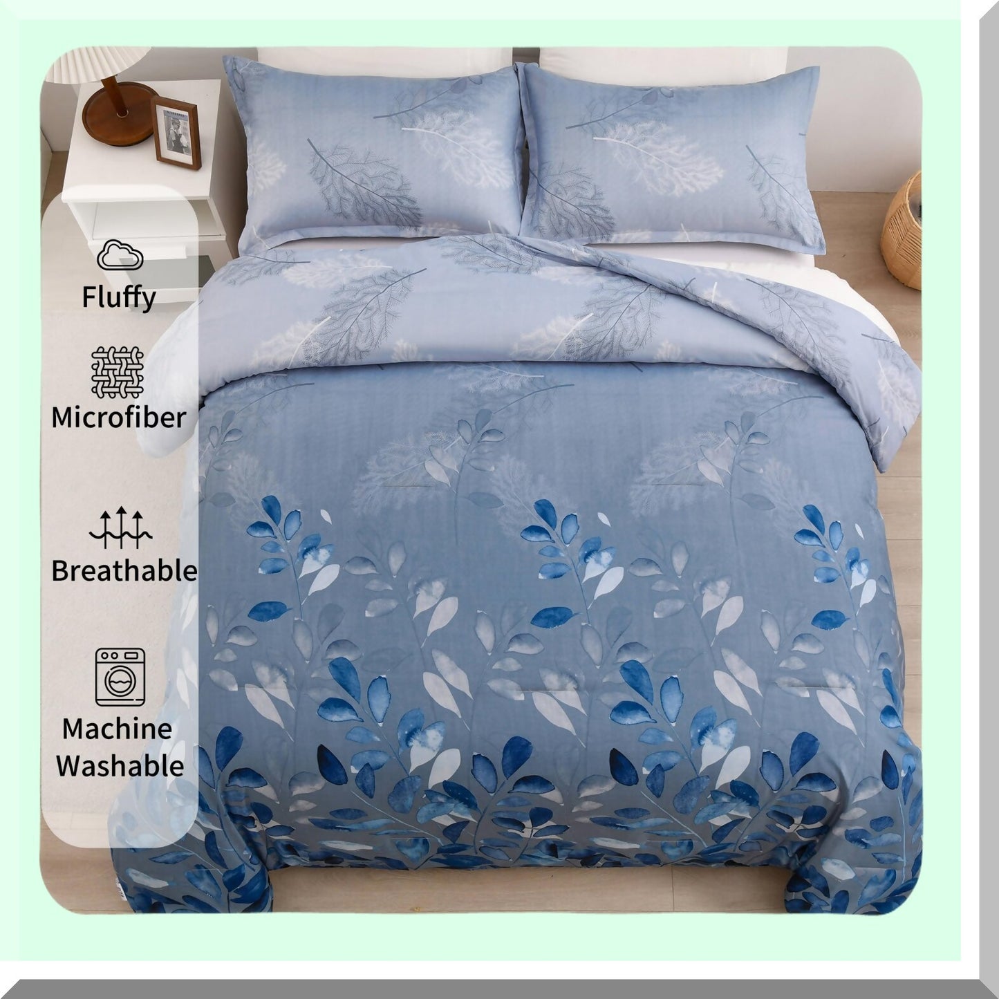 Navy Botanical Bliss Comforter Set - Queen Size 3-Piece Reversible Floral Bedding Set - Soft Microfiber All Season Comforter - 90"x90"
