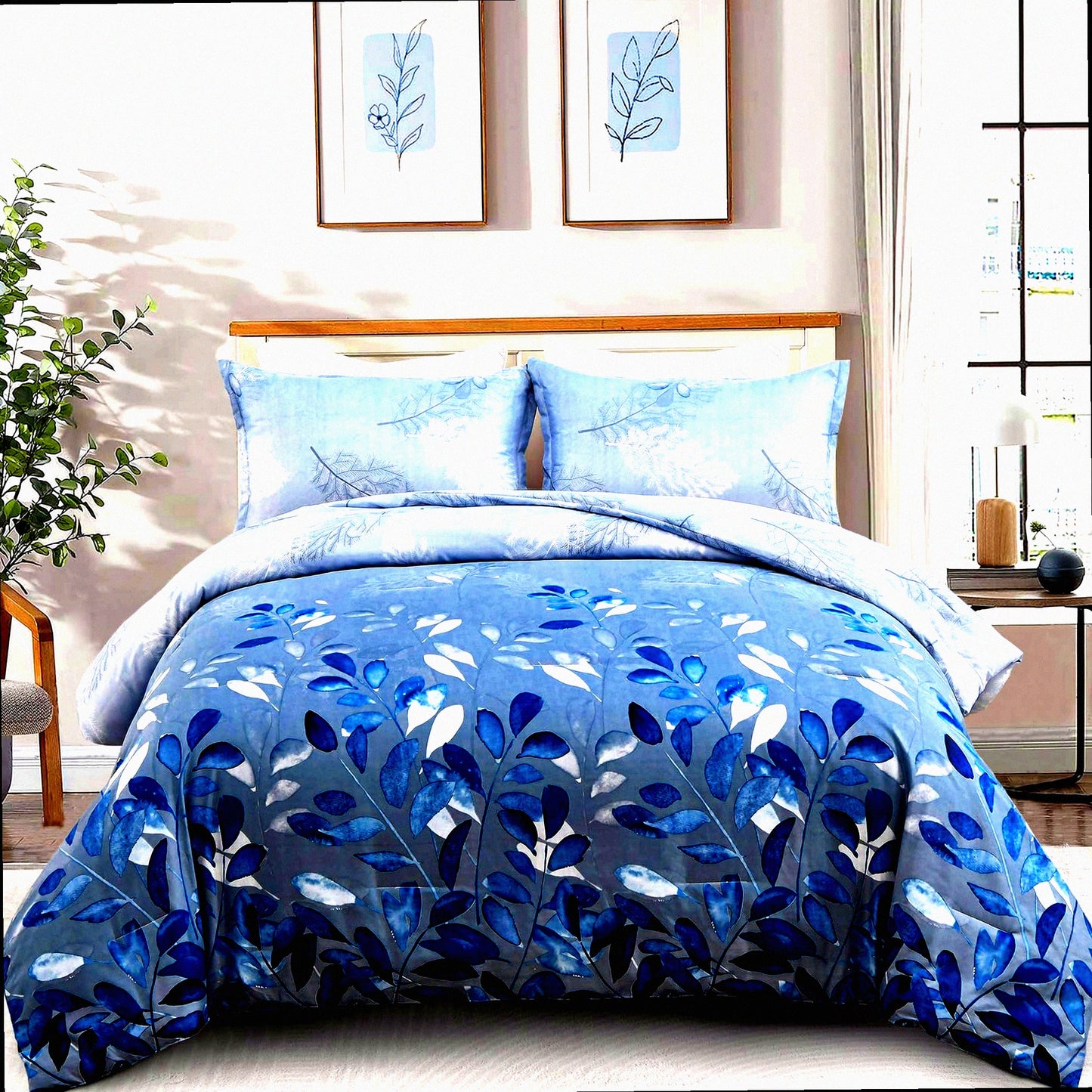 Navy Botanical Bliss Comforter Set - Queen Size 3-Piece Reversible Floral Bedding Set - Soft Microfiber All Season Comforter - 90"x90"