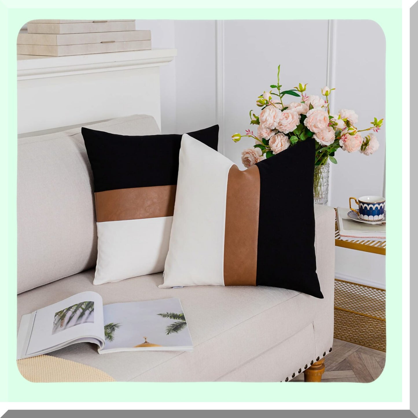 Boho Patchwork Farmhouse Pillow Covers - Set of 2 26x26 Rustic Throw Cushion Cases for Sofa Couch Chair Bedroom, Black White Leather Cotton Decor