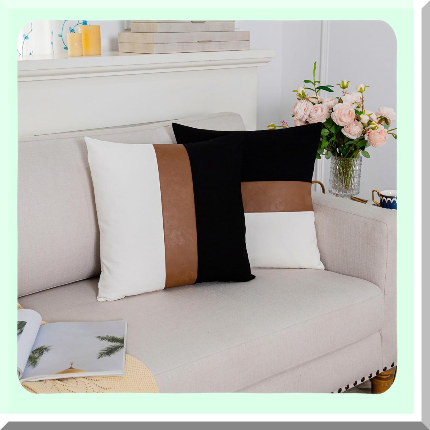 Boho Patchwork Farmhouse Pillow Covers - Set of 2 26x26 Rustic Throw Cushion Cases for Sofa Couch Chair Bedroom, Black White Leather Cotton Decor