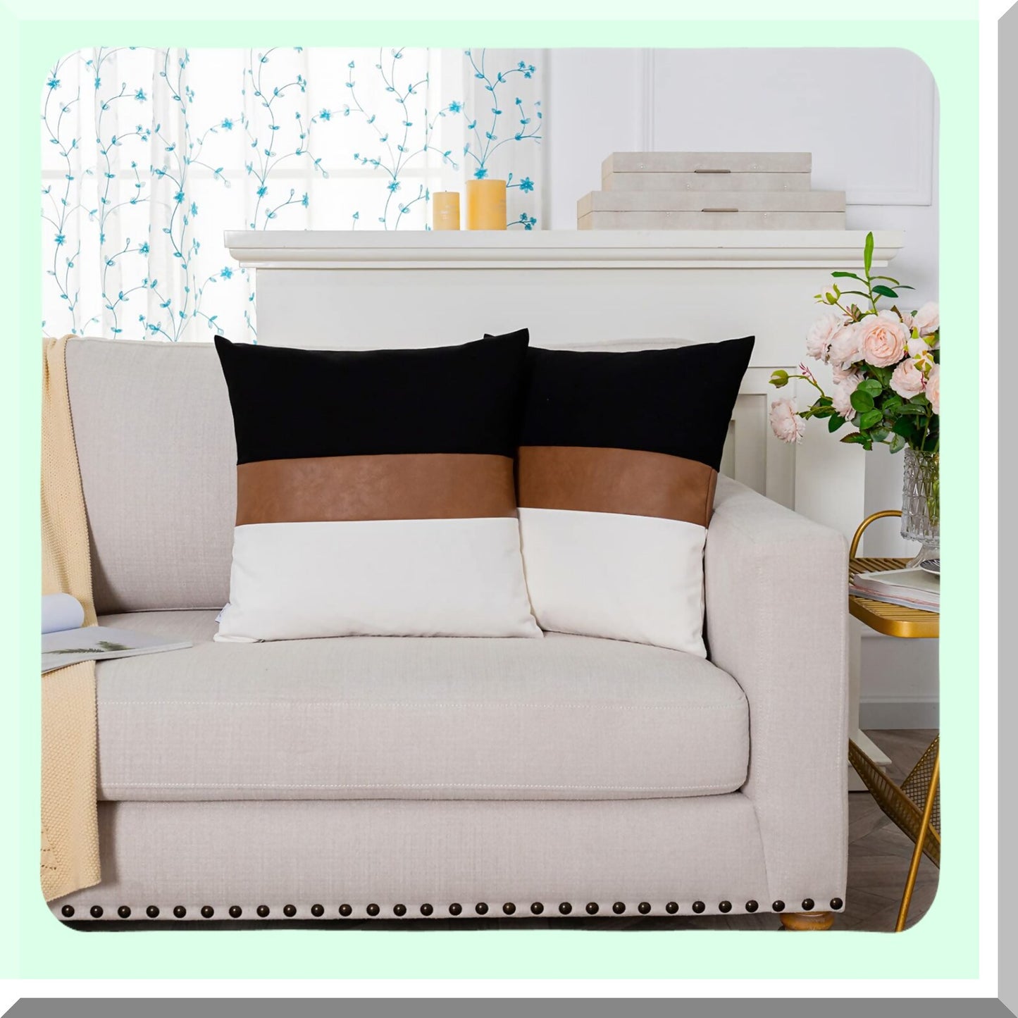 Boho Patchwork Farmhouse Pillow Covers - Set of 2 26x26 Rustic Throw Cushion Cases for Sofa Couch Chair Bedroom, Black White Leather Cotton Decor