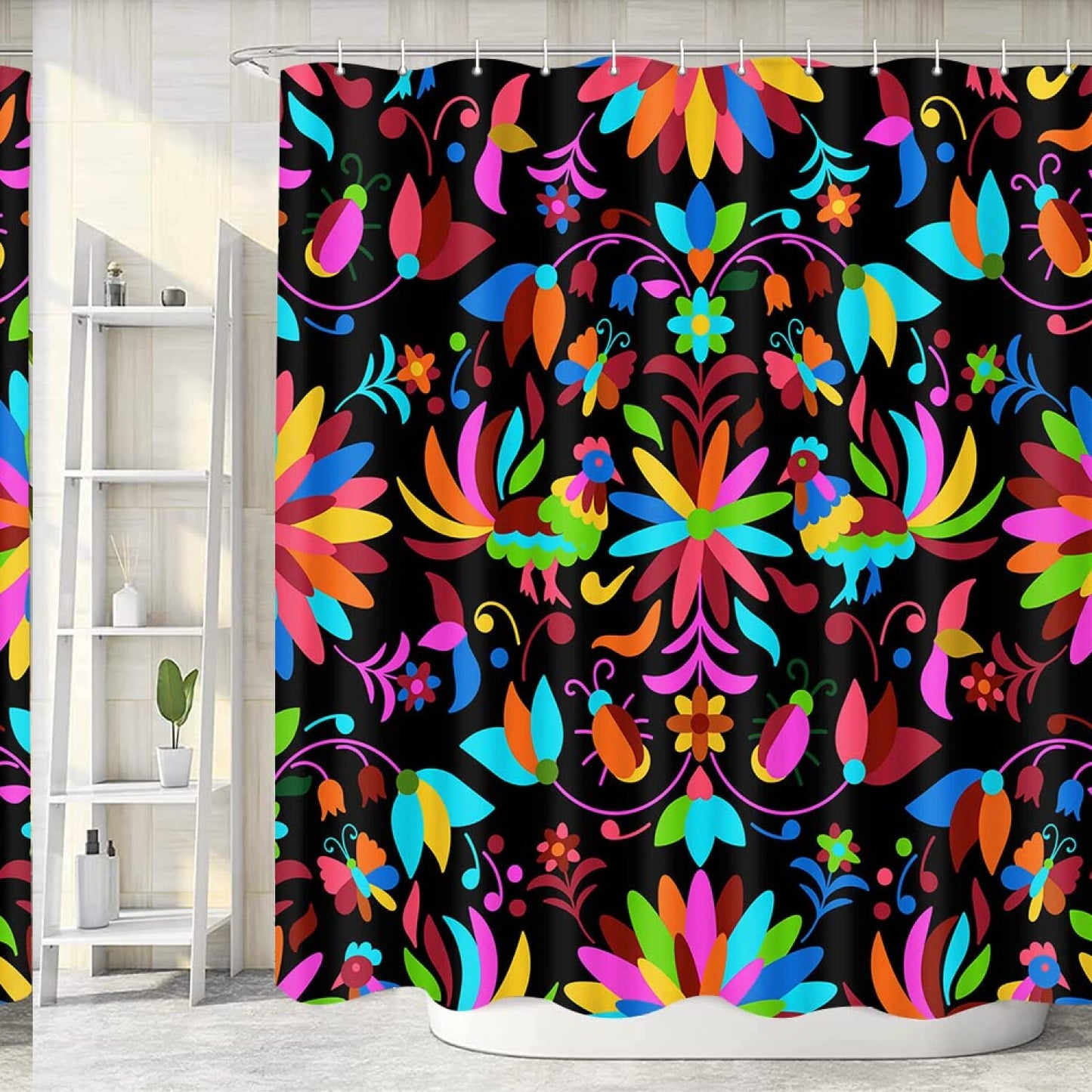 Mexican Otomi Style Floral Bird Shower Curtain 72x72in