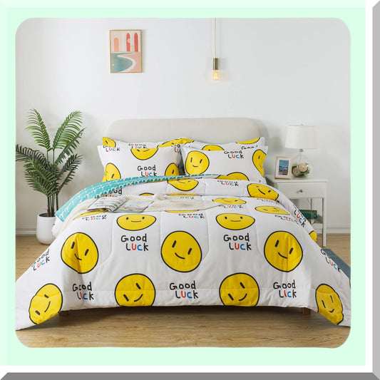 EmojiBreeze Summer Comforter Set - Lightweight White Bedding for Teen Adult Queen - Smiling Face Print - Ultra Breathable Down Alternative - Cute Emoji Style - 3Pcs Set