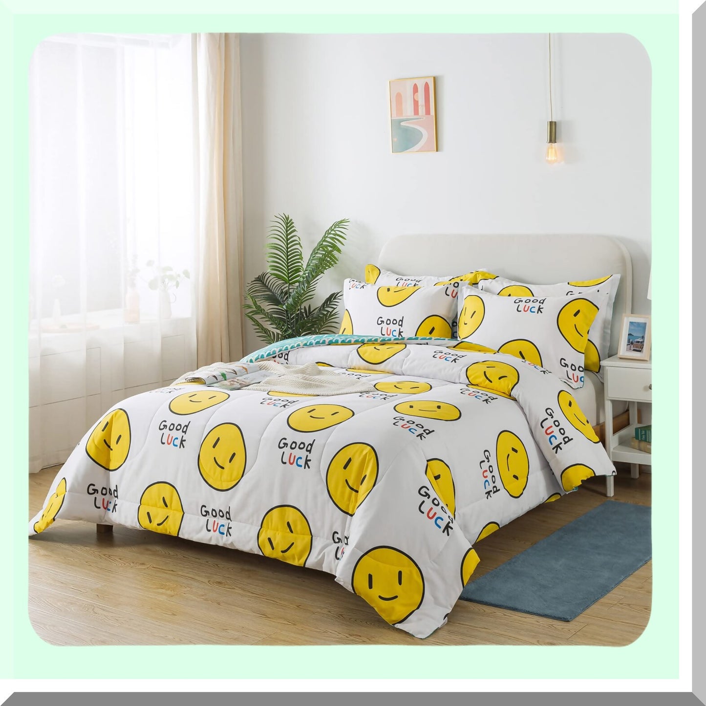 EmojiBreeze Summer Comforter Set - Lightweight White Bedding for Teen Adult Queen - Smiling Face Print - Ultra Breathable Down Alternative - Cute Emoji Style - 3Pcs Set