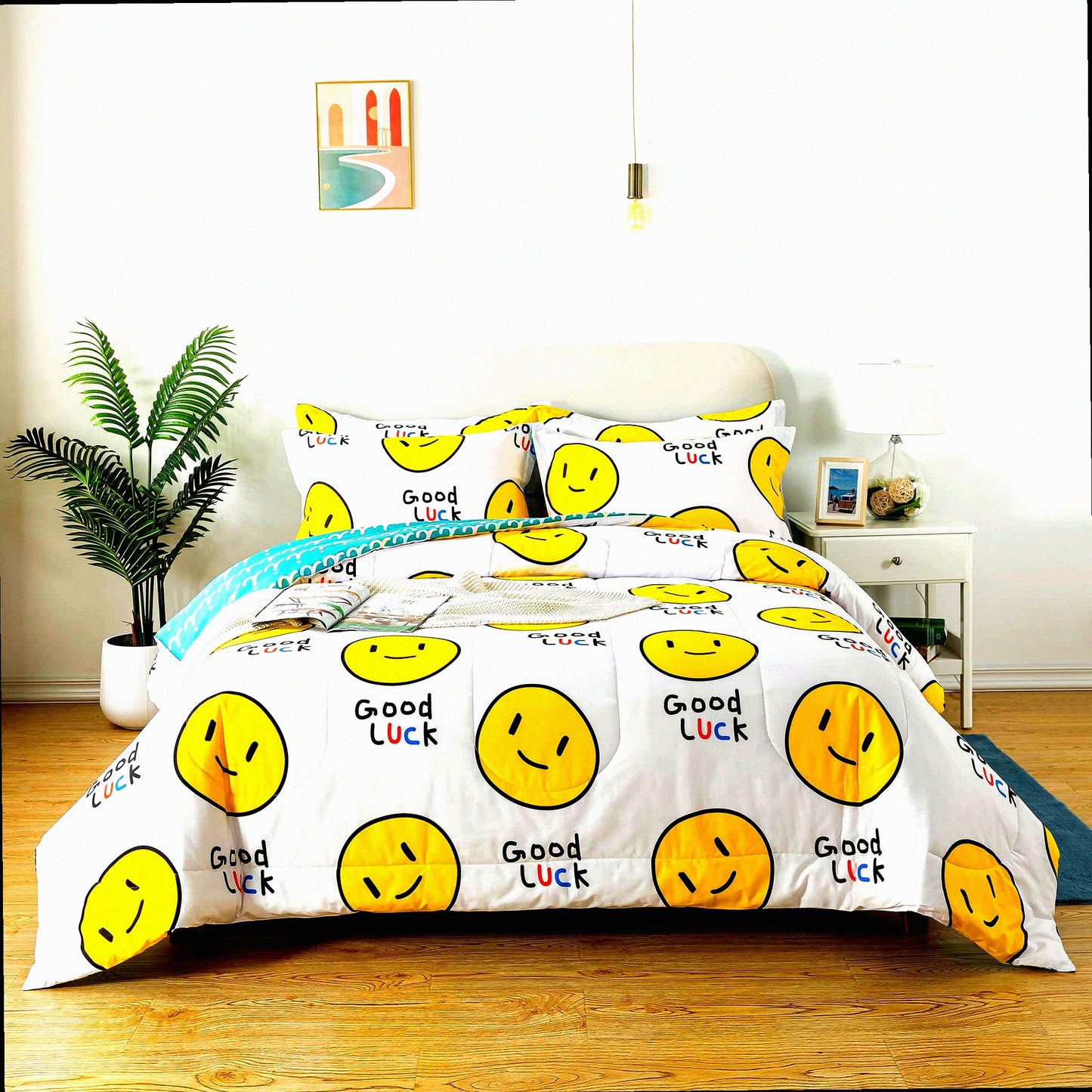 EmojiBreeze Summer Comforter Set - Lightweight White Bedding for Teen Adult Queen - Smiling Face Print - Ultra Breathable Down Alternative - Cute Emoji Style - 3Pcs Set