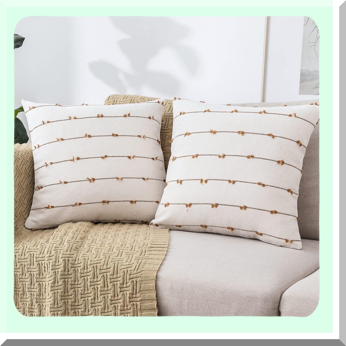 Rustic Linen Boho Pillow Covers - Set of 2 Farmhouse Decor Cushion Cases for Sofa, Couch, Bed - 20x20 Brown Square Throw Pillows