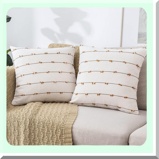 Rustic Linen Boho Pillow Covers - Set of 2 Farmhouse Decor Cushion Cases for Sofa, Couch, Bed - 20x20 Brown Square Throw Pillows