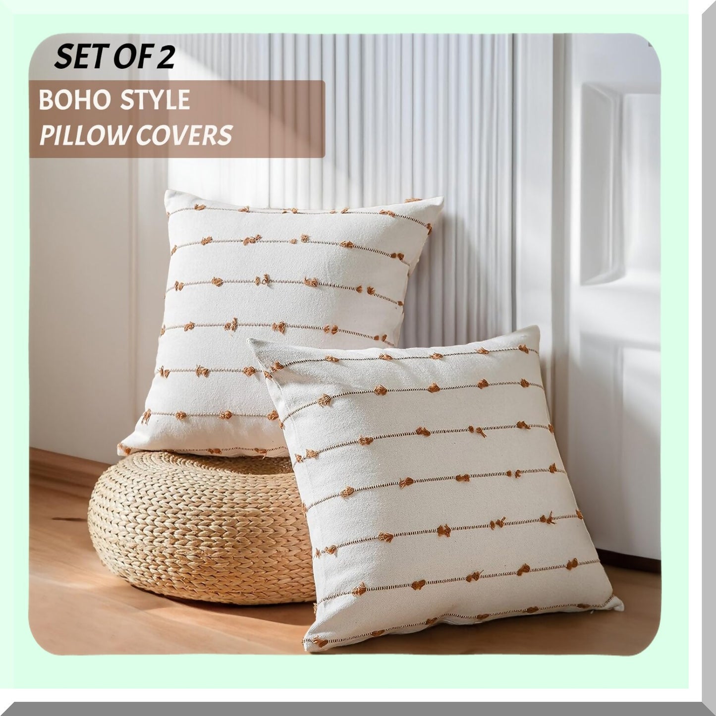 Rustic Linen Boho Pillow Covers - Set of 2 Farmhouse Decor Cushion Cases for Sofa, Couch, Bed - 20x20 Brown Square Throw Pillows