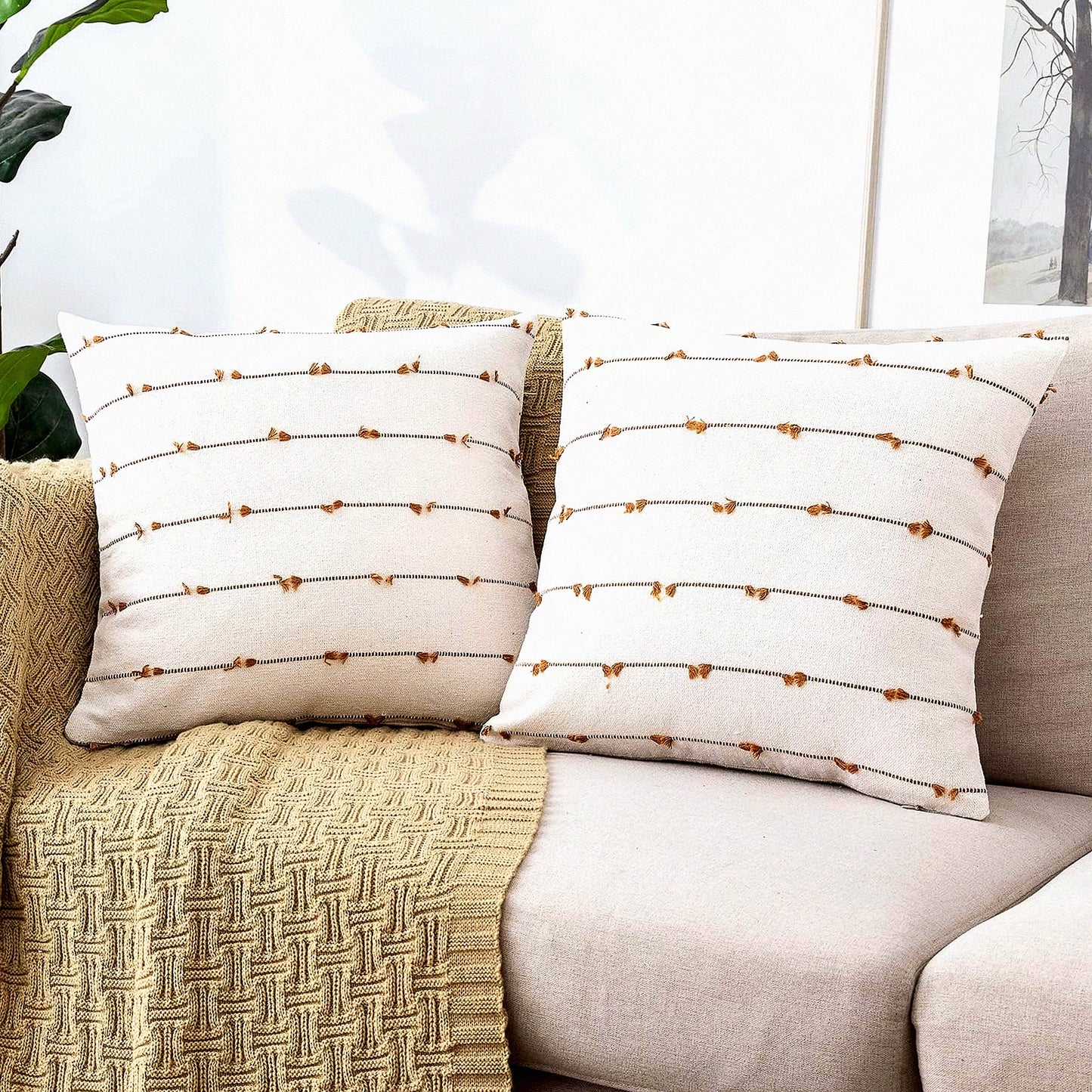 Rustic Linen Boho Pillow Covers - Set of 2 Farmhouse Decor Cushion Cases for Sofa, Couch, Bed - 20x20 Brown Square Throw Pillows