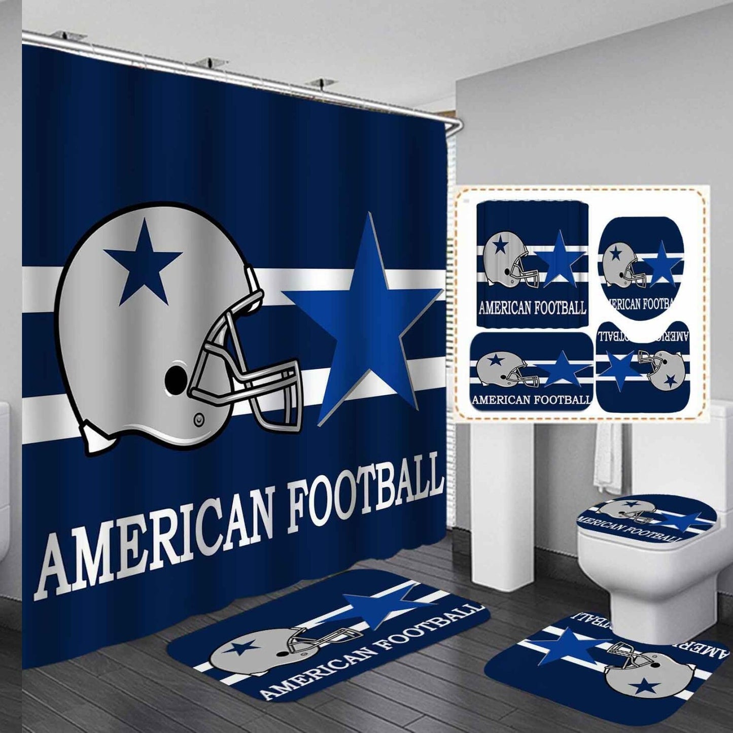 4PCS Sports Shower Curtain Set with Bath Mats