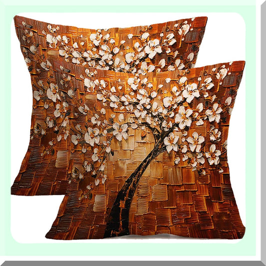 TreeArt Linen Pillowcase Set - Decorative Throw Pillow Covers for Couch & Bedroom - 18x18 Inch Cushion Cover - Home Decor Painting Tree Design - Pack of 2