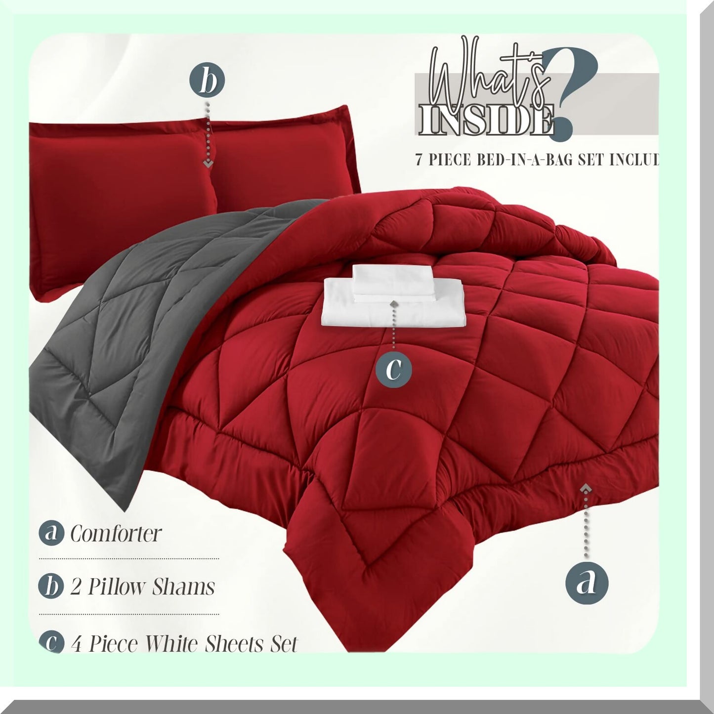Luxury Cali Comfort 7-Piece Bed Set - 1500 Thread Count Sheets & Comforter, Red/Gray - Wrinkle & Stain Resistant - Super Cozy Bed-in-a-Bag