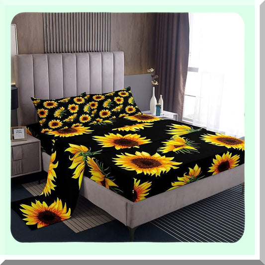 Sunflower Dreams Botanical Floral Bedding Set - Yellow Flowers Fitted Sheet with Black Flat Sheet and 2 Pillowcases - Queen Size Bed Set