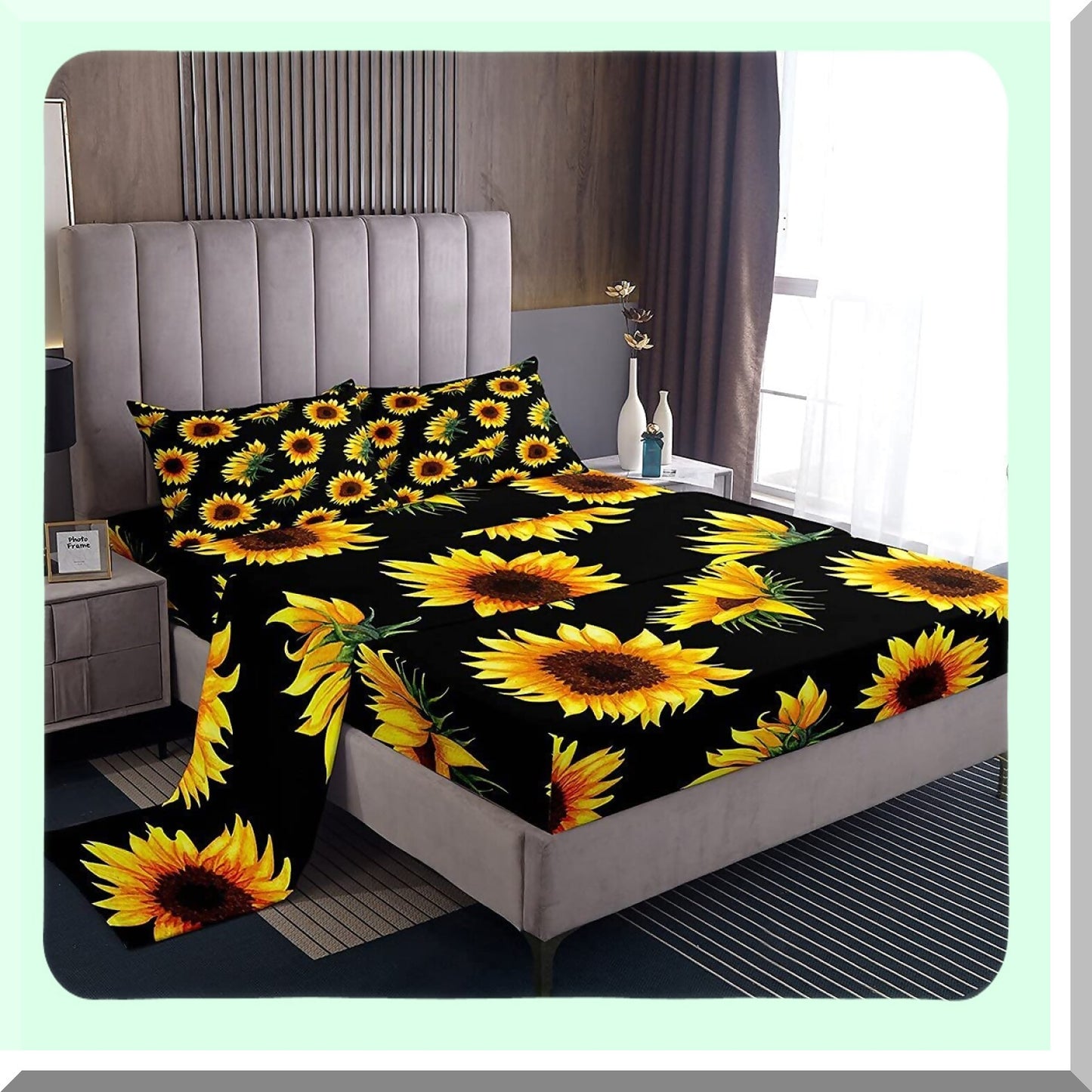 Sunflower Dreams Botanical Floral Bedding Set - Yellow Flowers Fitted Sheet with Black Flat Sheet and 2 Pillowcases - Queen Size Bed Set