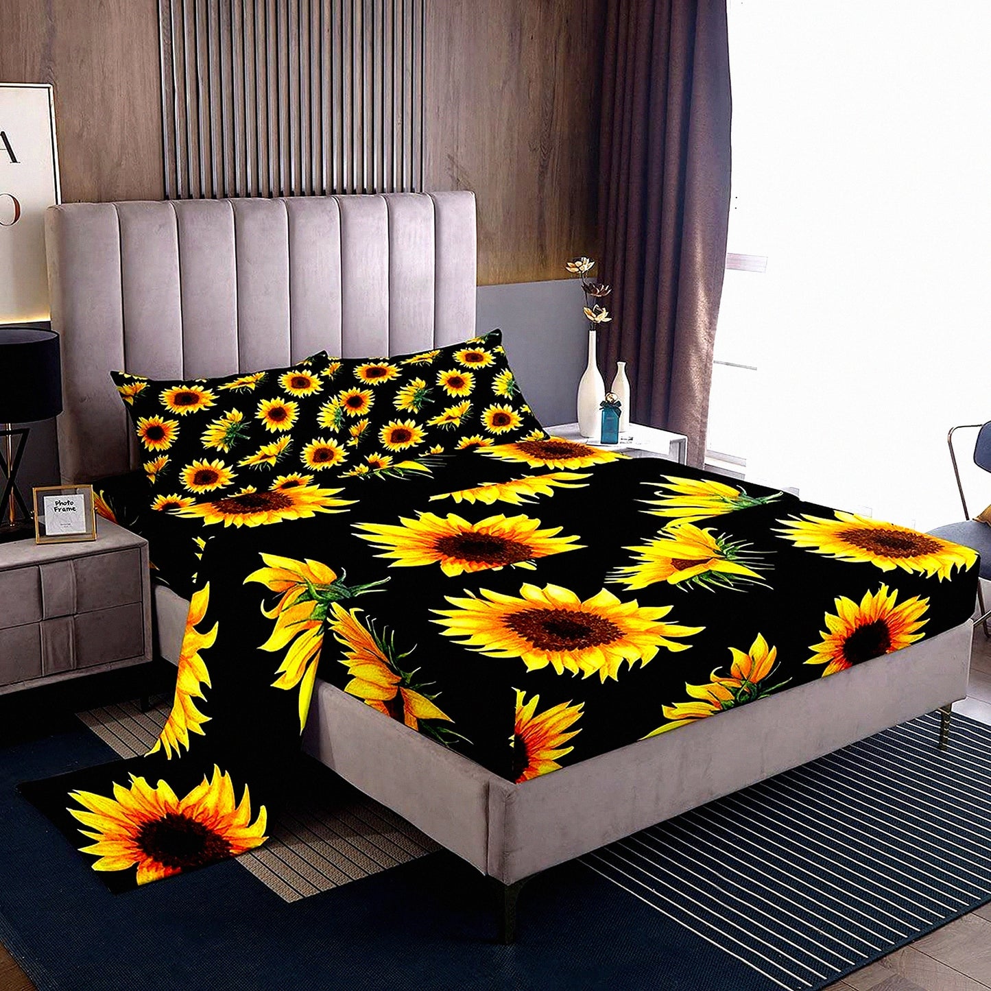 Sunflower Dreams Botanical Floral Bedding Set - Yellow Flowers Fitted Sheet with Black Flat Sheet and 2 Pillowcases - Queen Size Bed Set