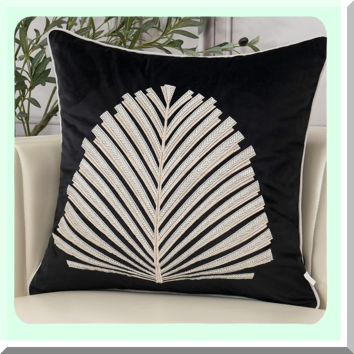 Luxury Embroidered Leaf Velvet Pillow Cover - Modern Decorative Cushion Case for Living Room & Bedroom - Black White Square Throw Pillowcase 18x18"