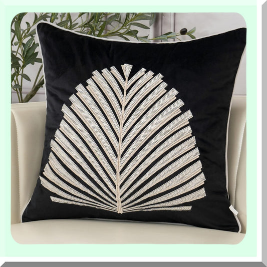 Luxury Embroidered Leaf Velvet Pillow Cover - Modern Decorative Cushion Case for Living Room & Bedroom - Black White Square Throw Pillowcase 18x18"
